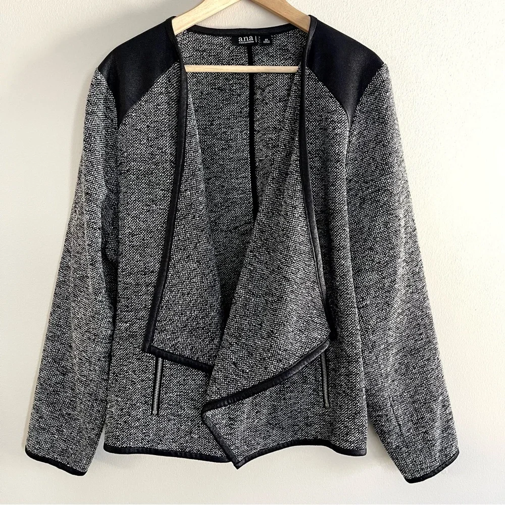 a.n.a. Boucle Tweed Faux Leather Open Front Cropped Jacket Black and Gray - 2X